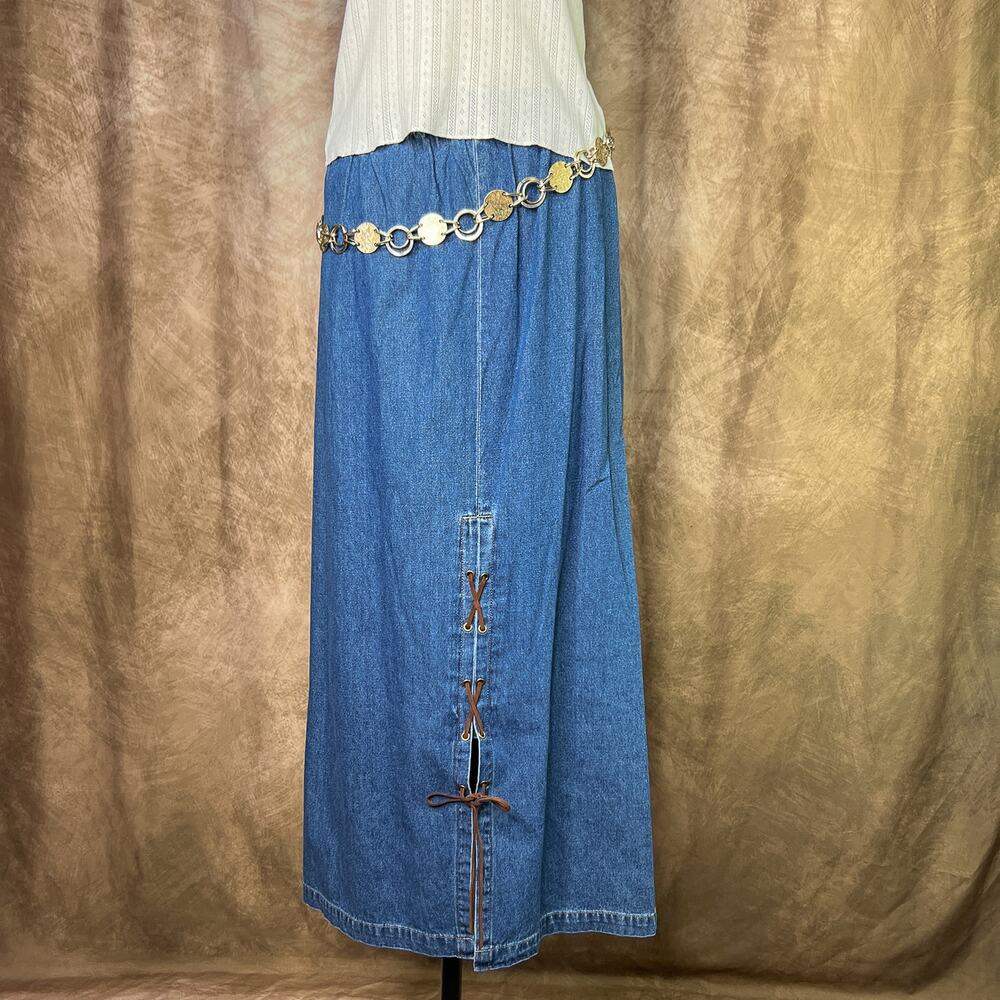 Vintage Denim Maxi Skirt Suede Tie Lace Up Slit Blue Western Boho Festival Indie